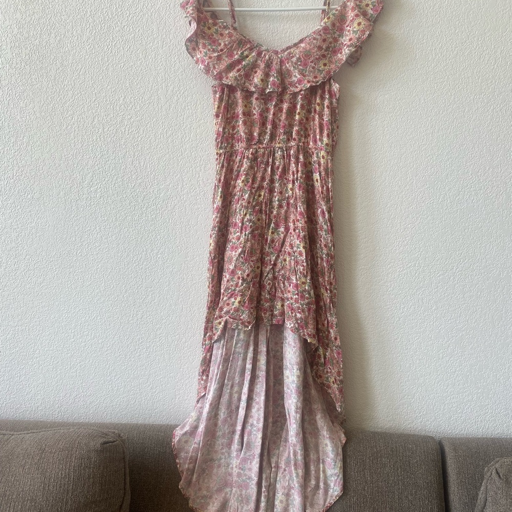 Floral Hi-Lo cold shoulder Ruffle Maxi Dress
